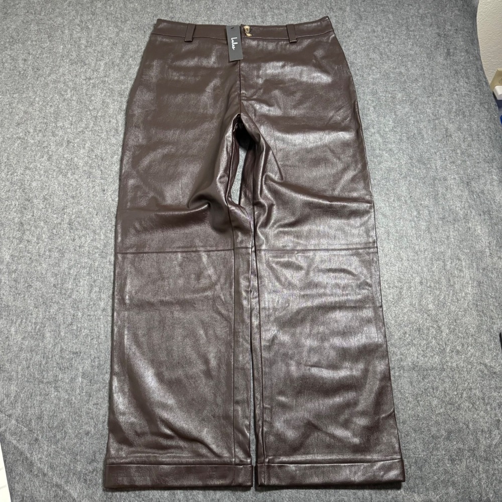 Lulus Chocolate Brown Vegan Faux Leather Wide Leg Trousers Pants XL NEW